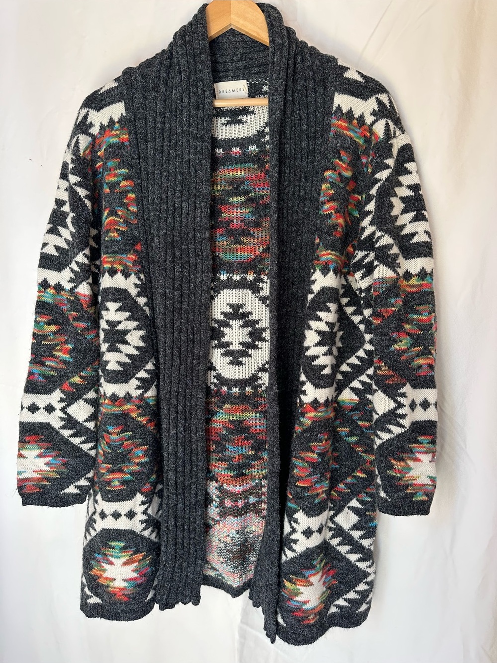 Dreamers Charcoal Shawl Cardigan with Multicolor Aztec Accents